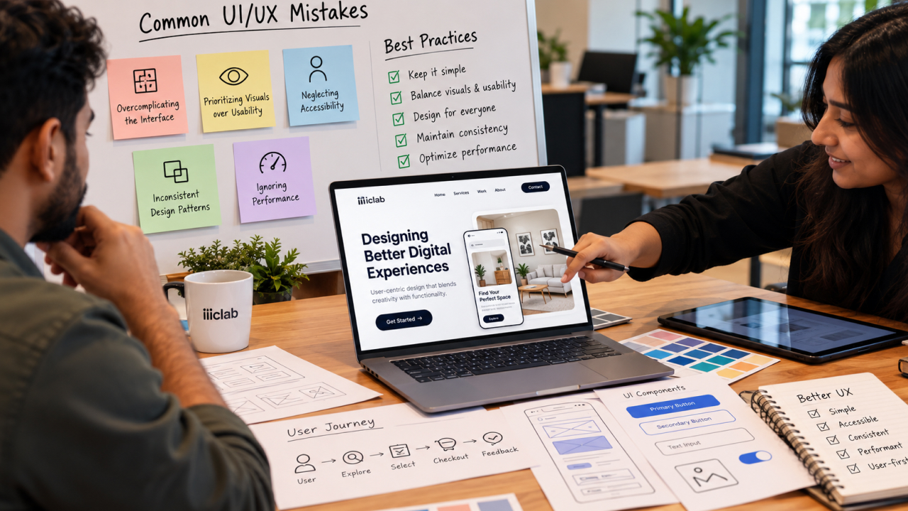 Designers reviewing common UI UX mistakes, accessibility, consistency and performance improvements